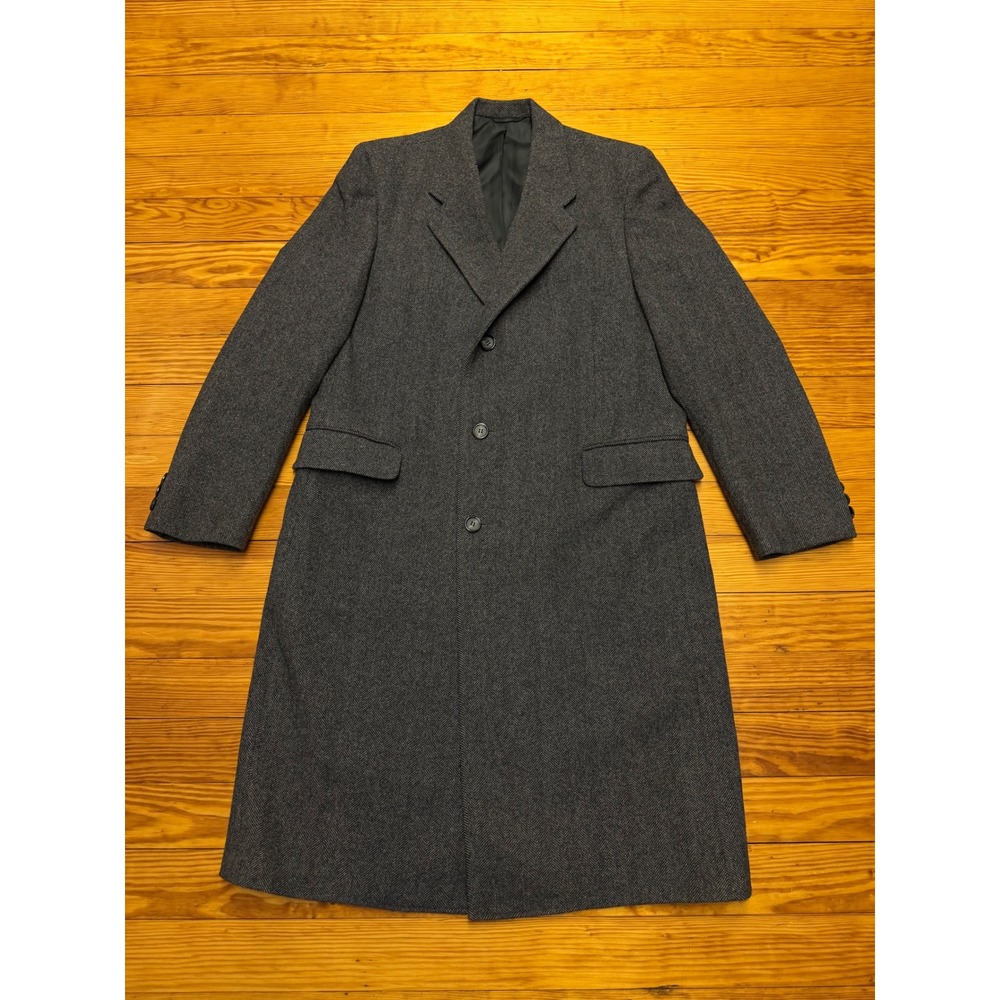 Vintage Tweed Herringbone Wool Overcoat Mens 44L Gray Woven in British Isles